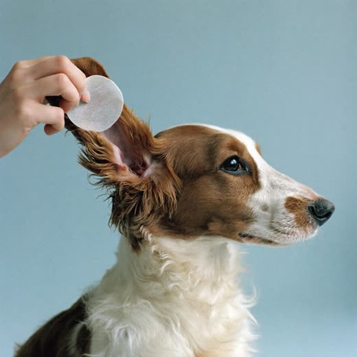 A spaniel's ear being gently cleaned